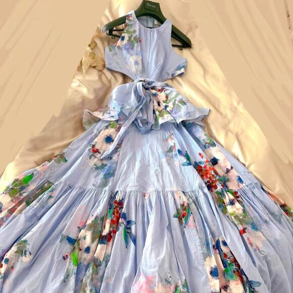 Zimmermann Dresses & Skirts - Zimmermann Blue Floral Cutout Maxi Dress Tie Waist Tiered Size 0 (US 2)
